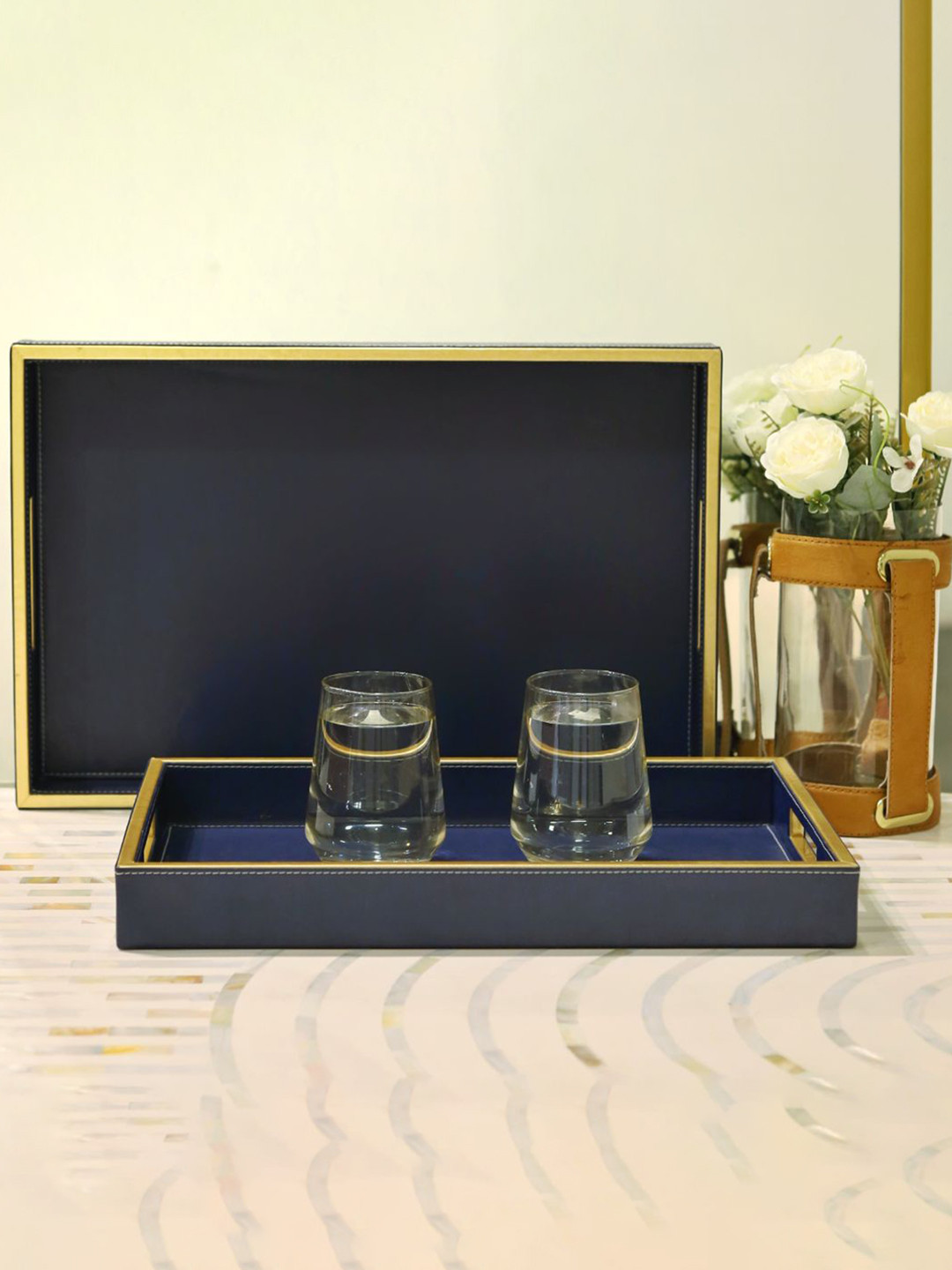 CasaGold Navy Blue 2 Pieces Solid Rectangle Leather Trays