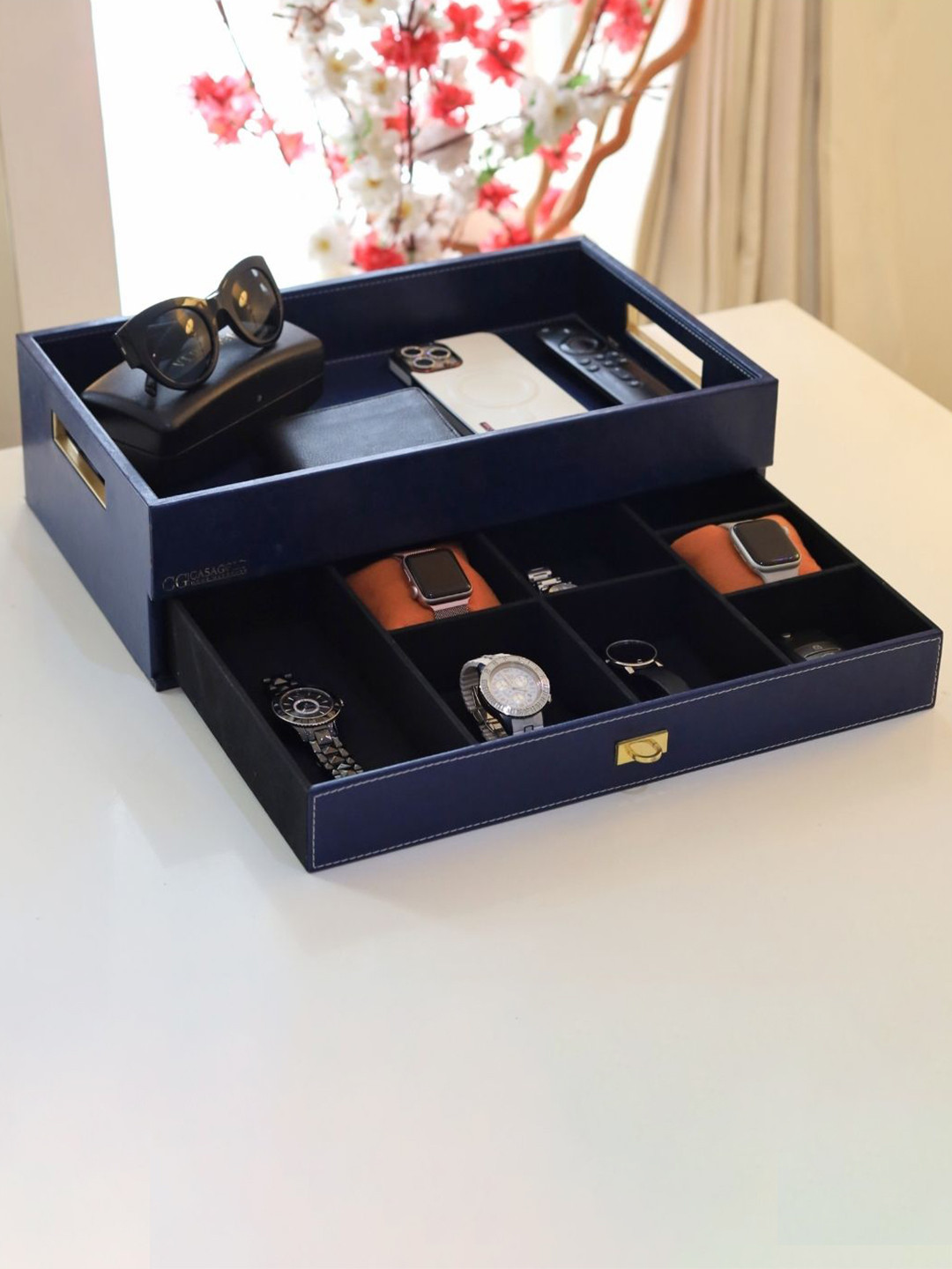 CasaGold Navy Blue Rectangular Leather Storage Tray