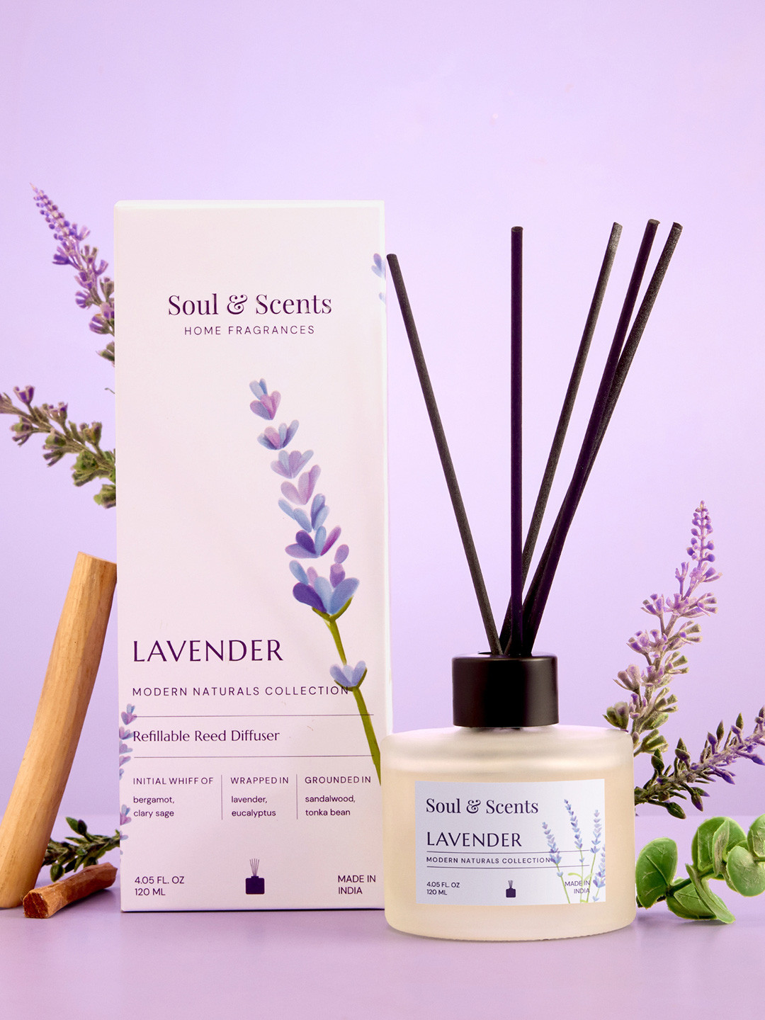 SOUL & SCENTS LavenderFragrance Reed Diffuser With 6 Pieces Reed Sticks 120 ml