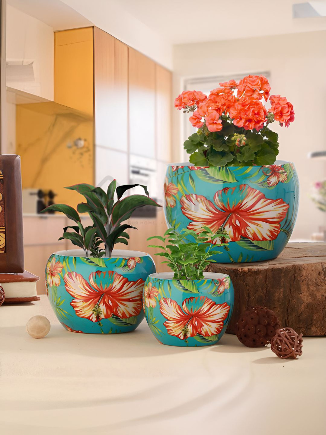 Homspurts Blue 3 Pieces Floral Metal Planters