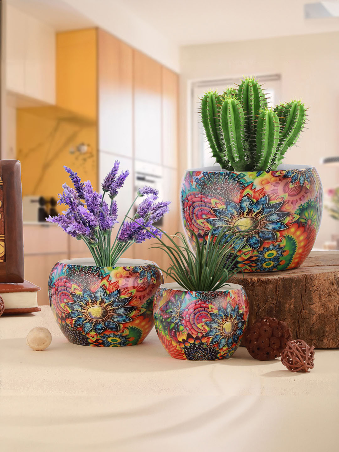 Homspurts Apple Bowl Planter Red & Blue 3 Pieces Meena Printed Metal Planters