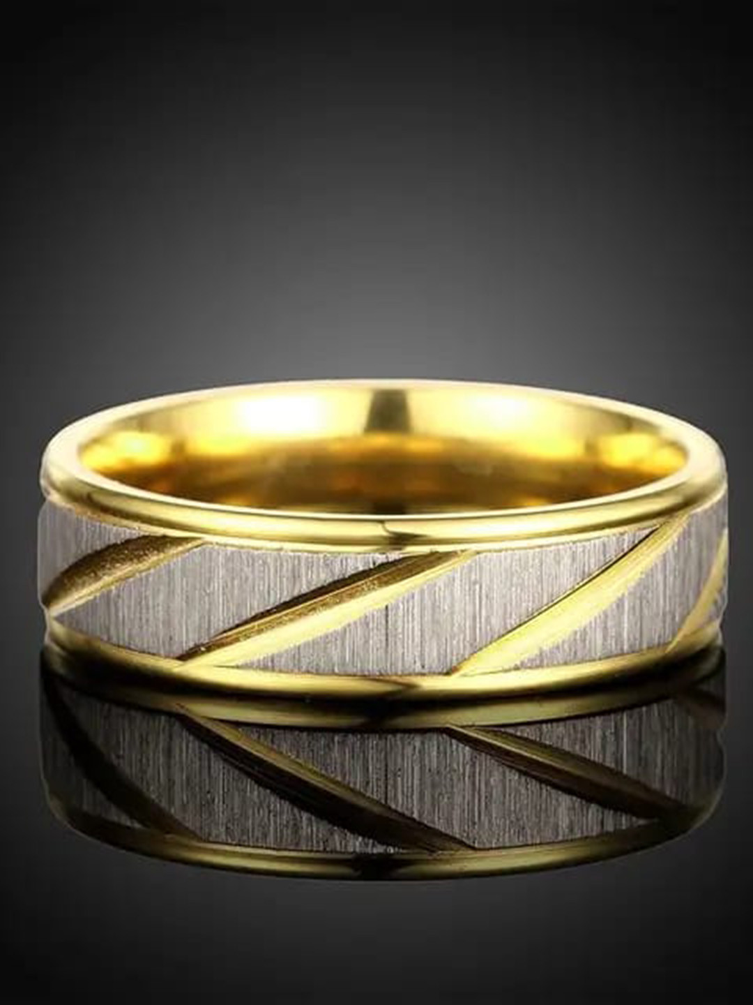 VIEN Unisex Stainless Steel Gold-Plated Two Tone Twill Pattern Ring
