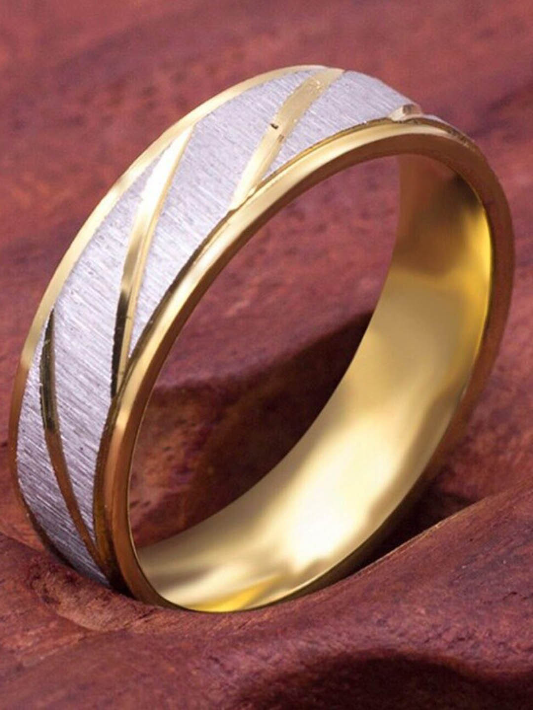 VIEN Unisex Stainless Steel Gold-Plated Two Tone Twill Pattern Ring