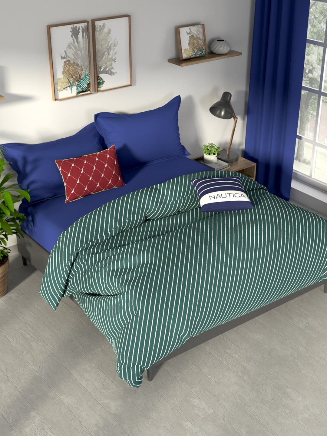 Nautica Green & White Striped Cotton AC Room 120 GSM Double Bed Comforter
