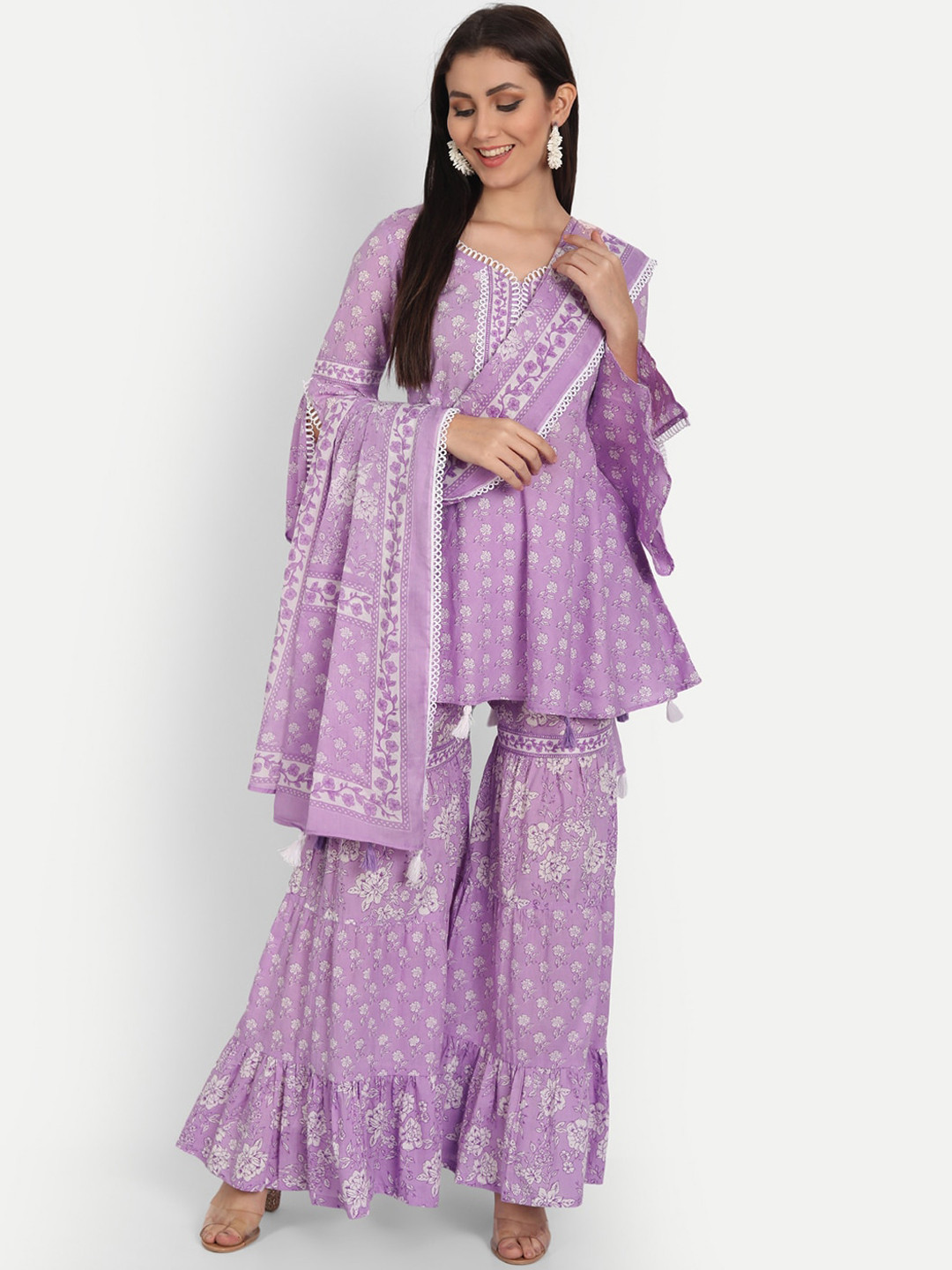 FrionKandy Floral Printed V-Neck Bell Sleeves Pure Cotton Kurti with Sharara & Dupatta