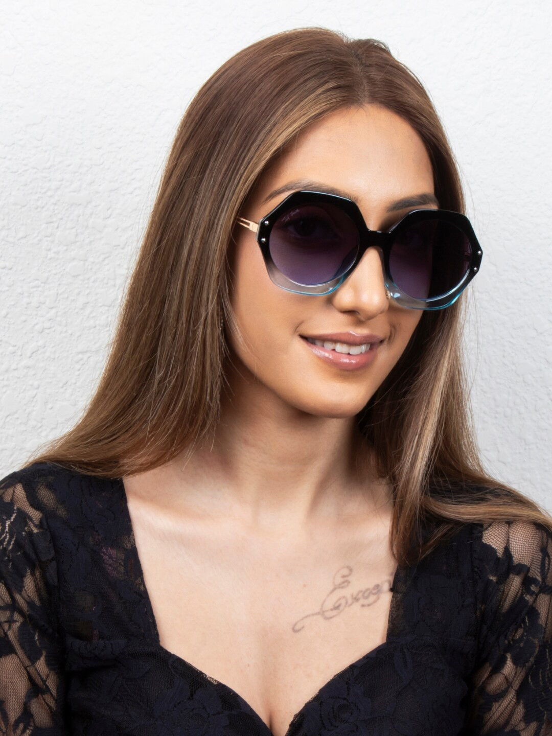 Ted Smith Women Black-Blue HexagonSunglasses With UV Protected Lens