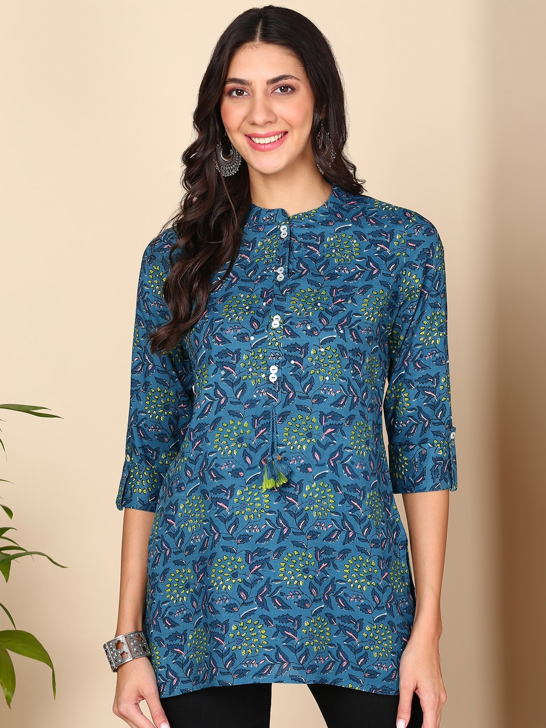 Buy HERE NOW Floral Printed Mandarin Collar Liva Kurti Kurtis