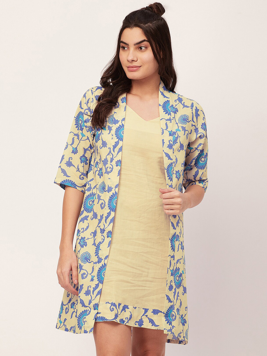 Moomaya 2 Pcs Floral Printed Sleeveless Pure Cotton Night Dress
