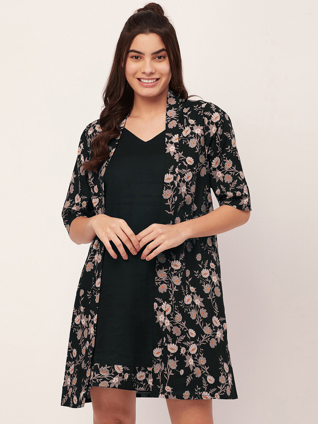 Moomaya 2 Pcs Floral Printed Sleeveless Pure Cotton Night Dress