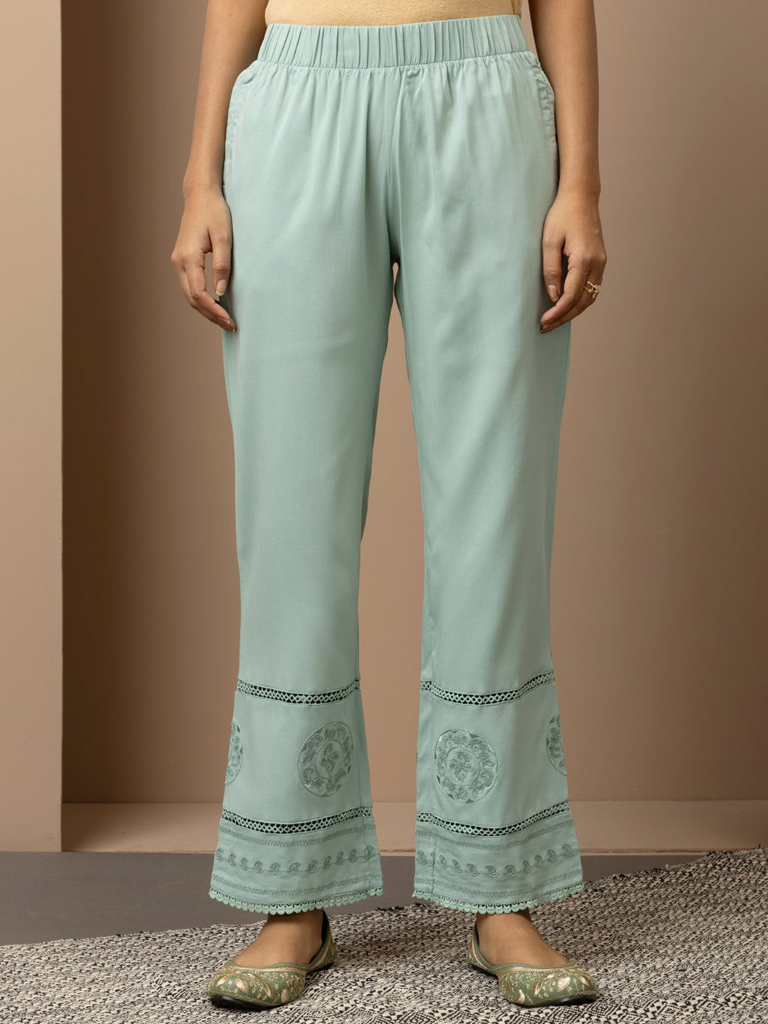Lakshita Women Smart Straight Fit Lace and Embroidery Pure Cotton Ethnic Trousers