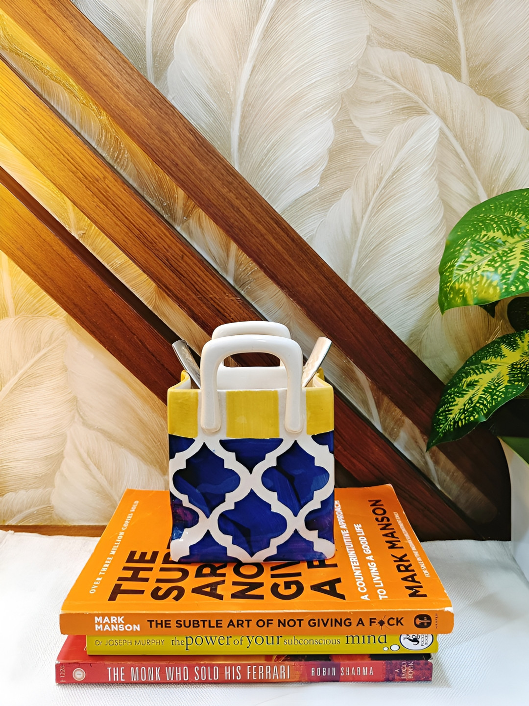 caffeine White & Yellow Ceramic Microwave Safe Cutlery Holder