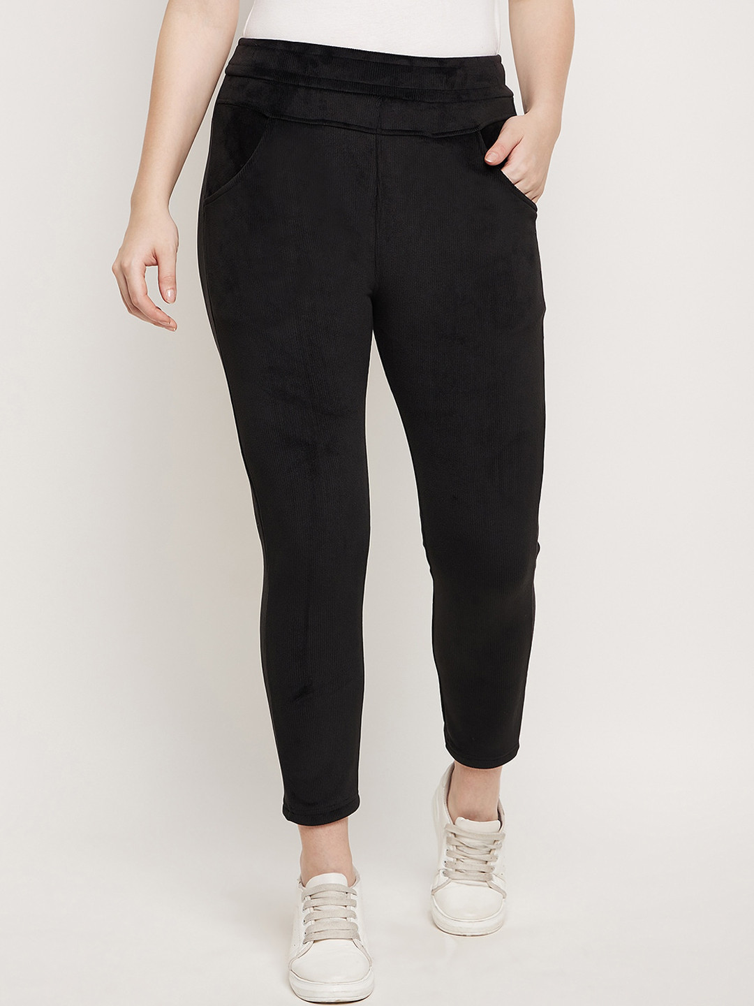 Camey Women Relaxed Slim Fit Mid-Rise Non Iron Corduroy Cropped Trousers
