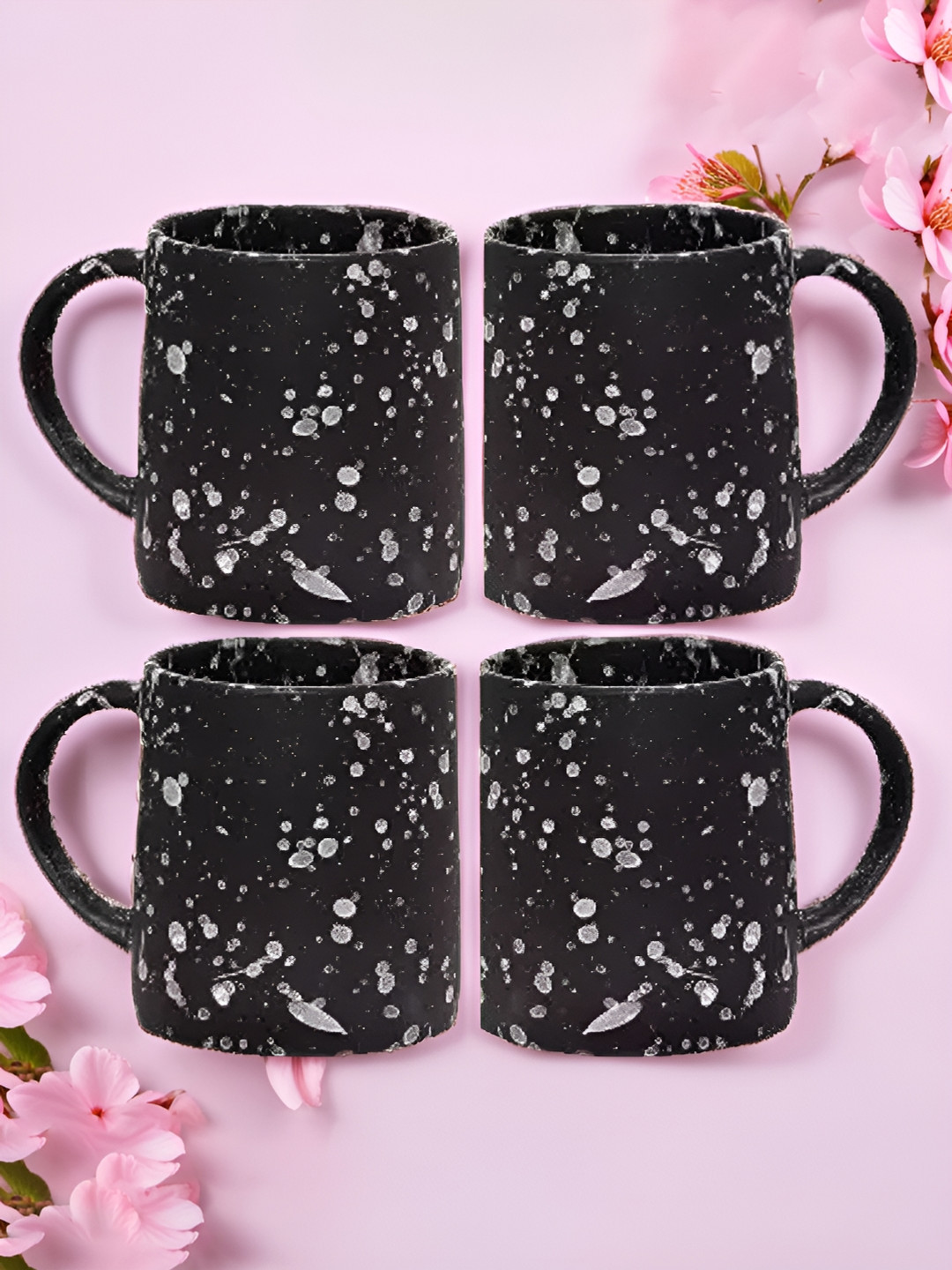 MITHILA Handicrafts Black Conversational Ceramic Handmade 4 Piece Cups-280ml