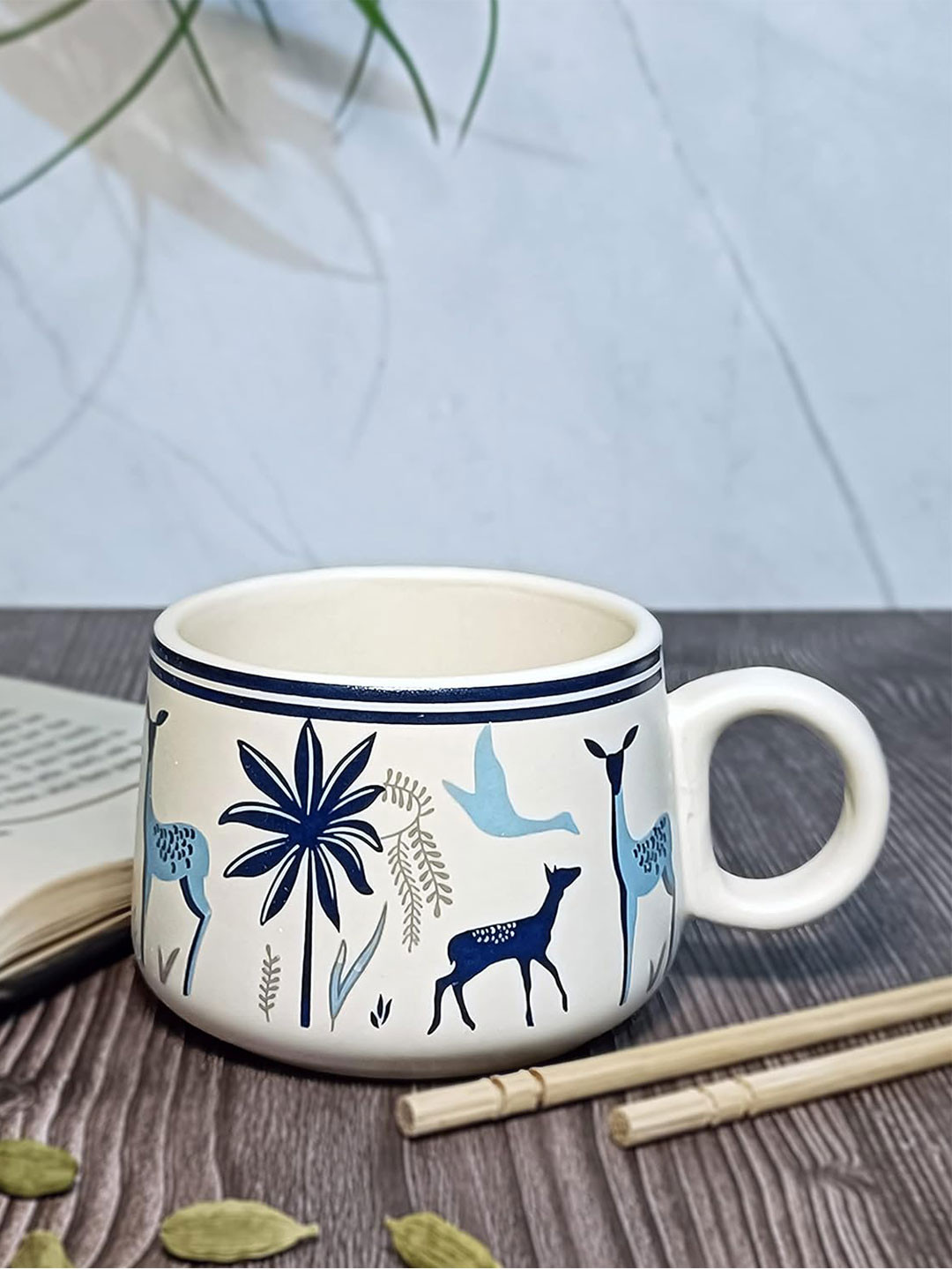 MITHILA Handicrafts Prism Black Floral Ceramic Microwave Safe 6 Piece Cups-280ml