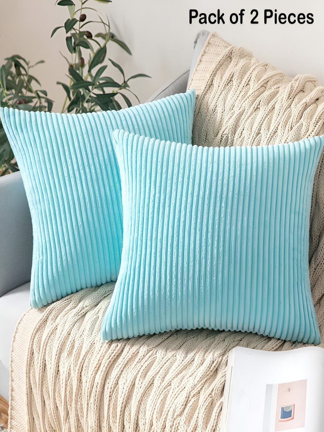 Vinayaka Fab Turquoise Blue 2 Pieces Striped Corduroy Square Cushion Covers