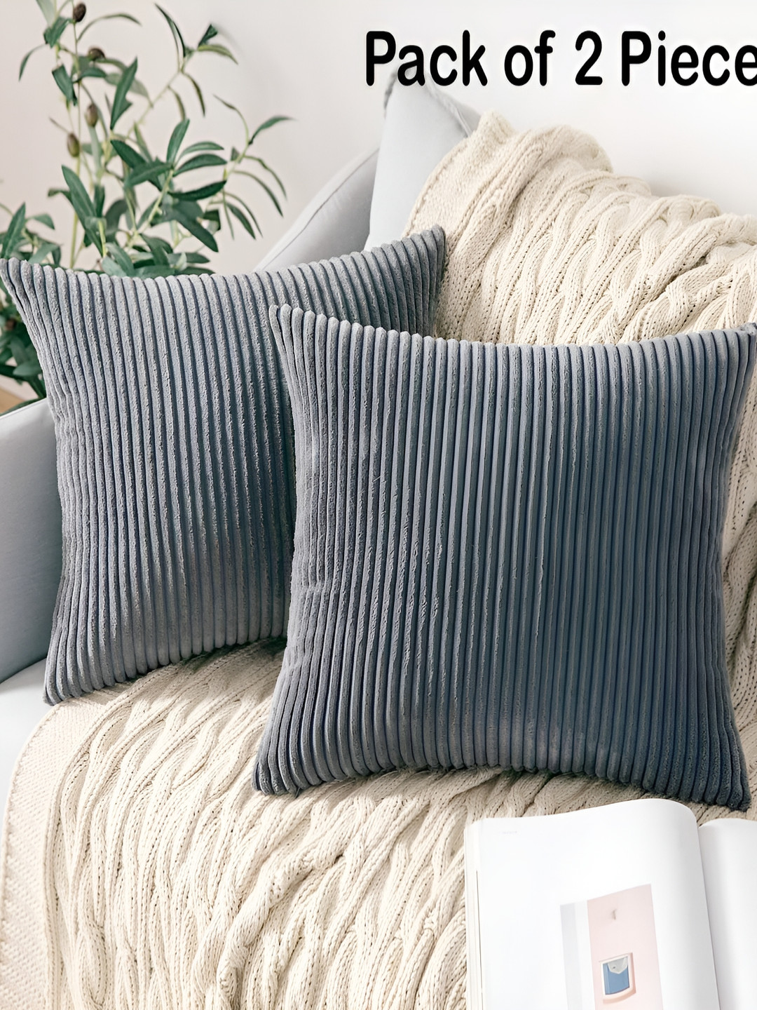 Vinayaka Fab Grey 2 Pieces Striped Corduroy Square Cushion Covers