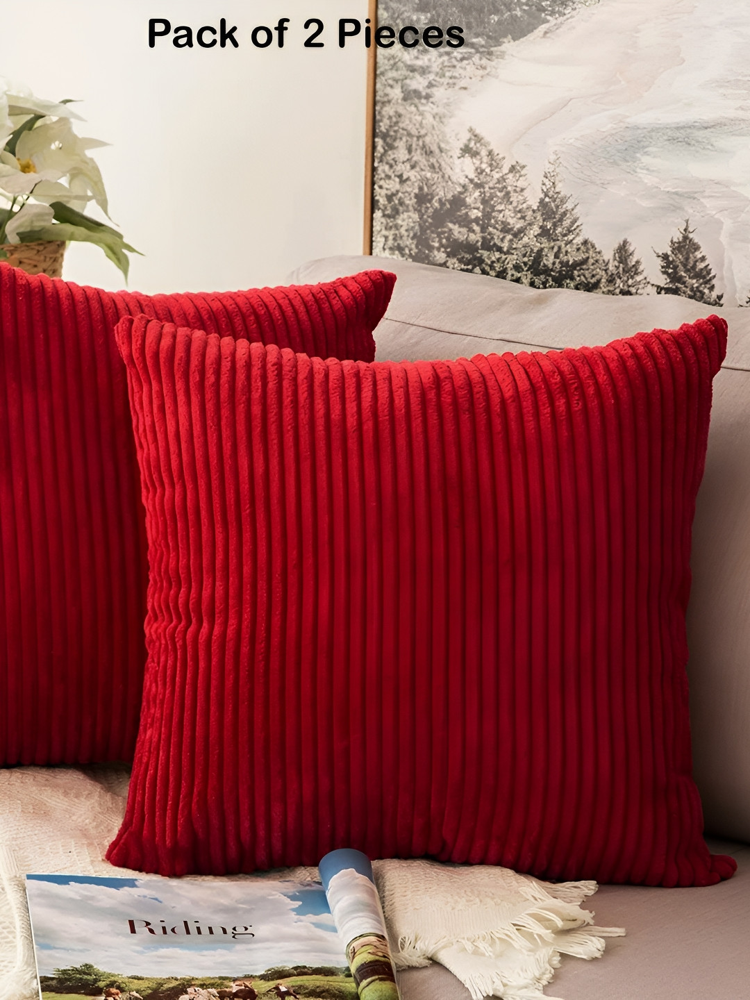 Vinayaka Fab Striped Soft Corduroy Washable 2 Pcs Textured Square Cushion Covers -16x16In