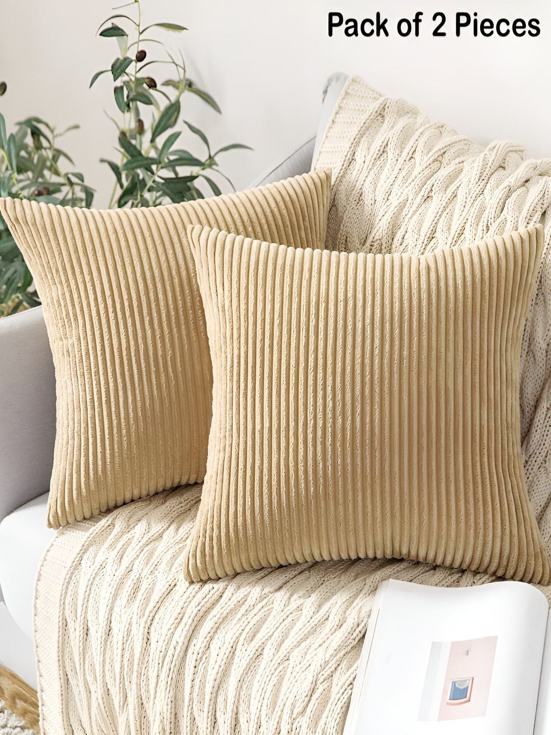 Vinayaka Fab Beige Striped Velvet Washable 2 Piece Square Cushion Covers - 16 x 16 Inches
