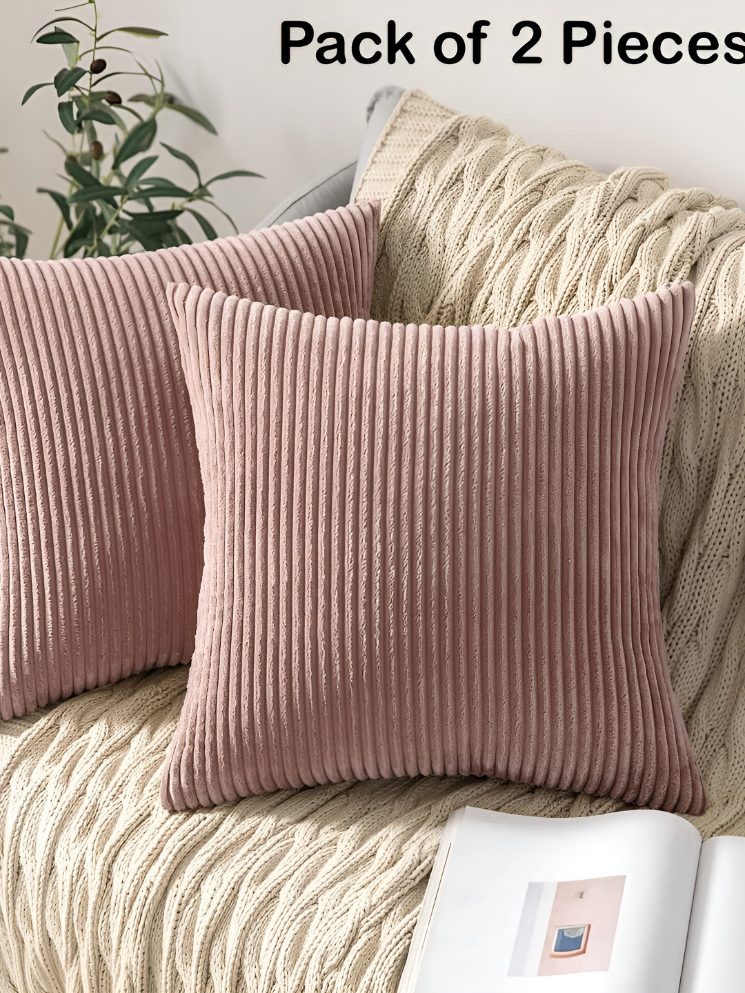 Vinayaka Fab Peach 2 Pieces Striped Corduroy Square Cushion Covers