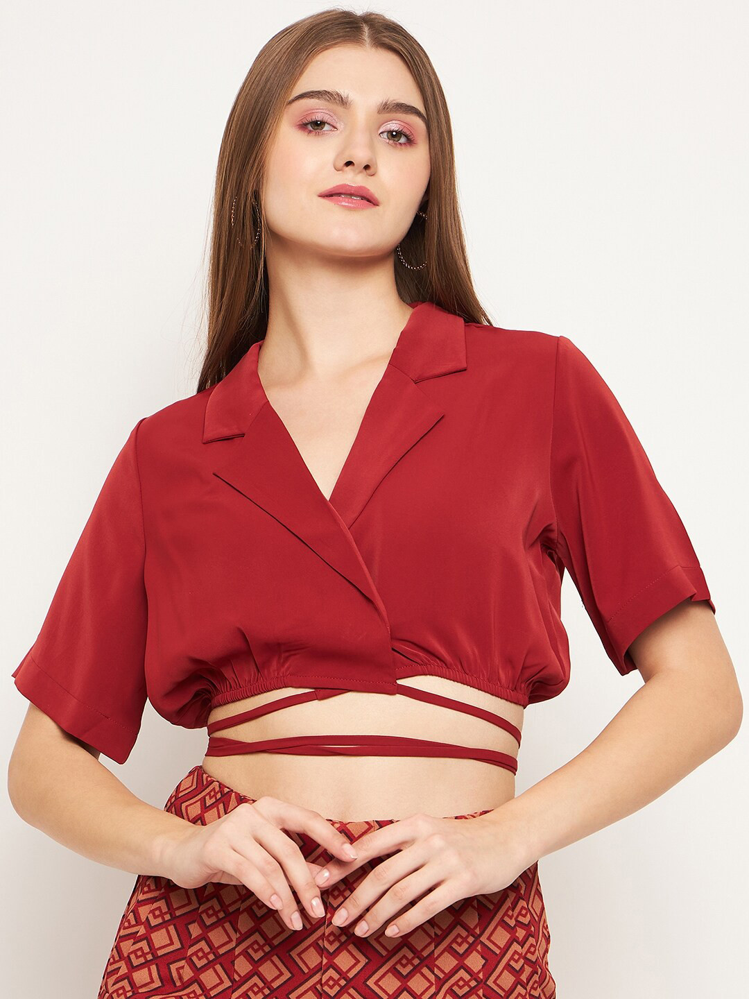 Madame Waist Tie-Up Notched Lapel Collar Shirt Style Crop Top