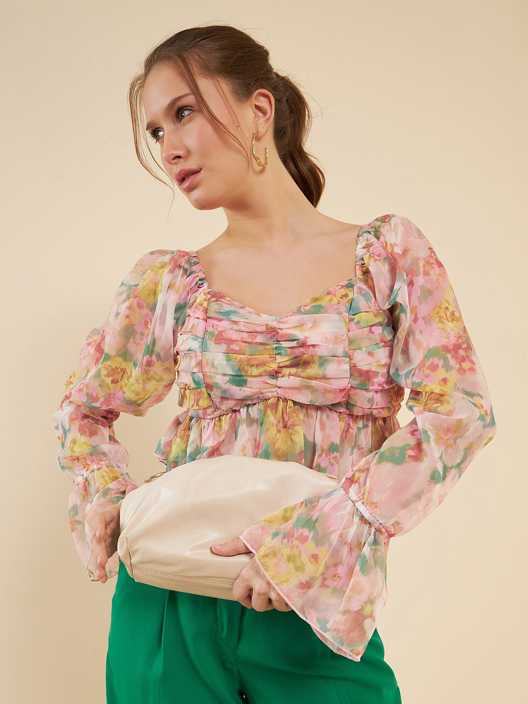 Antheaa Cream-Coloured Floral Printed Chiffon Ruffled Ruched Crop Top