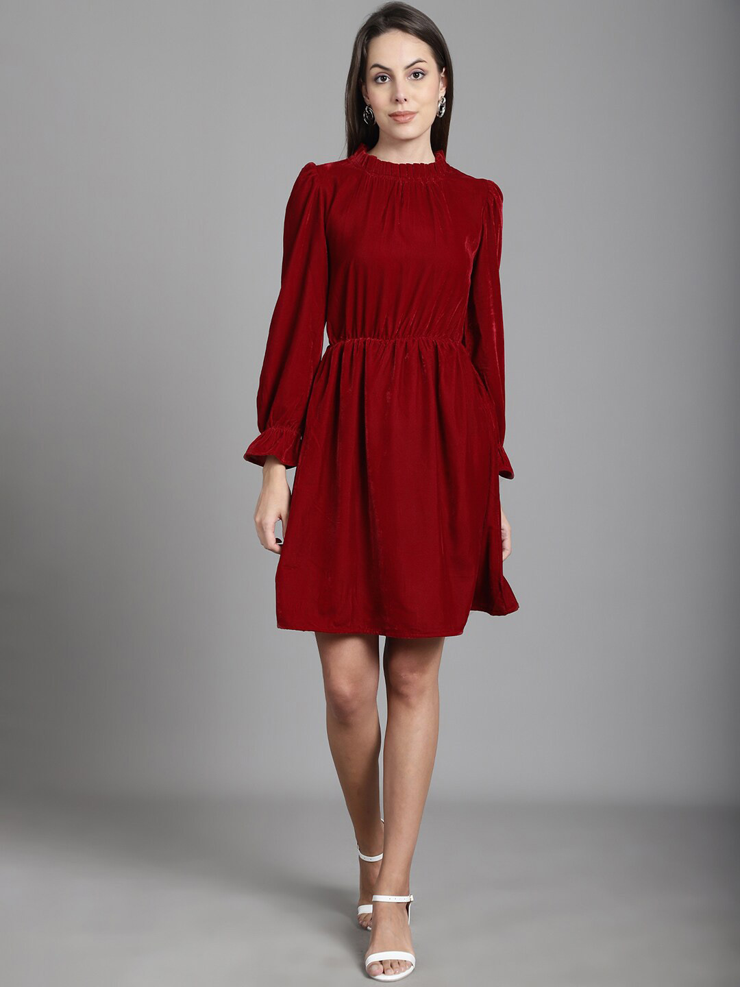 MARC LOUIS Puff Sleeves Gathered Or Pleated A Line Dress