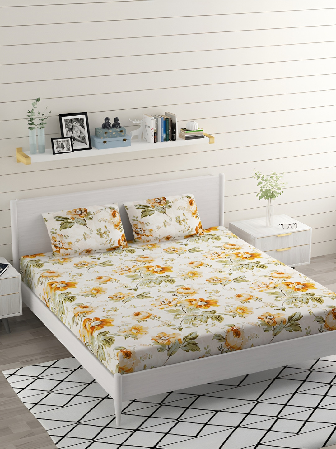 Bromwick Cream Yellow Floral Cotton 210 TC Queen Bedsheet With 2 Pillow Covers