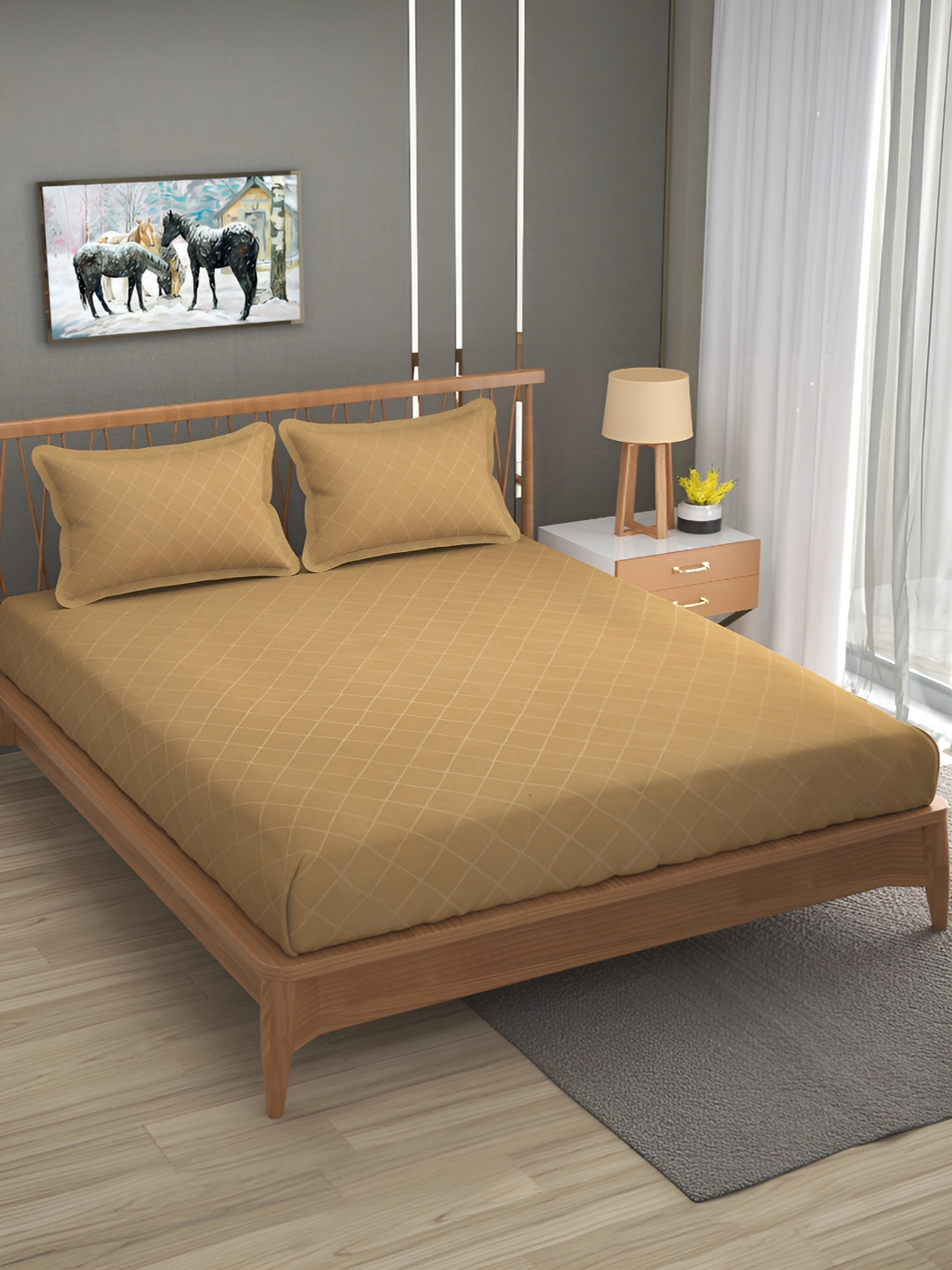 Bromwick Beige Checked Cotton 210 TC Queen Superfine Bedsheet with 2 Pillow Covers-90 x 100 inches