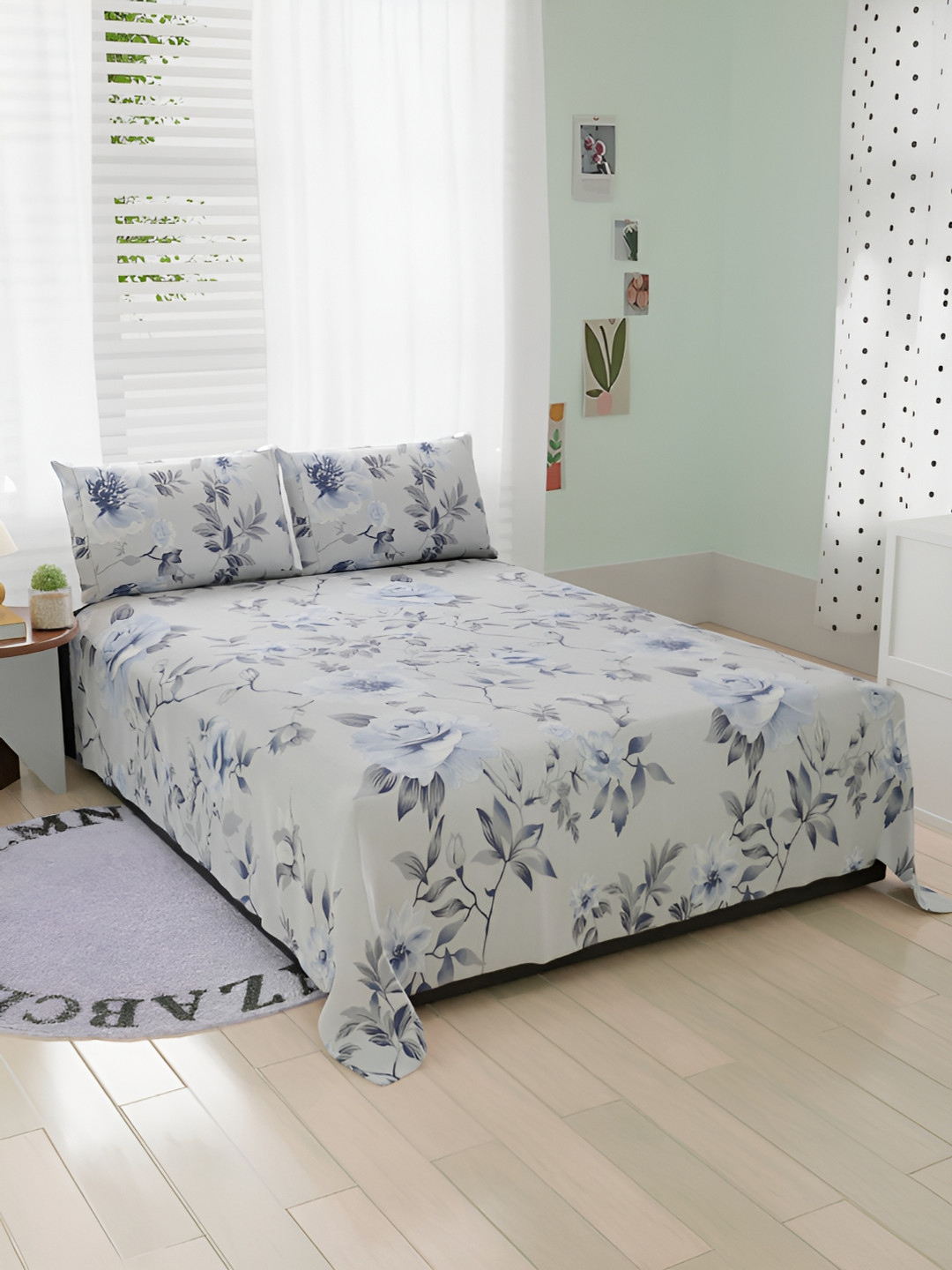 Bromwick Cream Floral Cotton 210 TC Queen Superfine Bedsheet with 2 Pillow Covers-90 x 100 inches