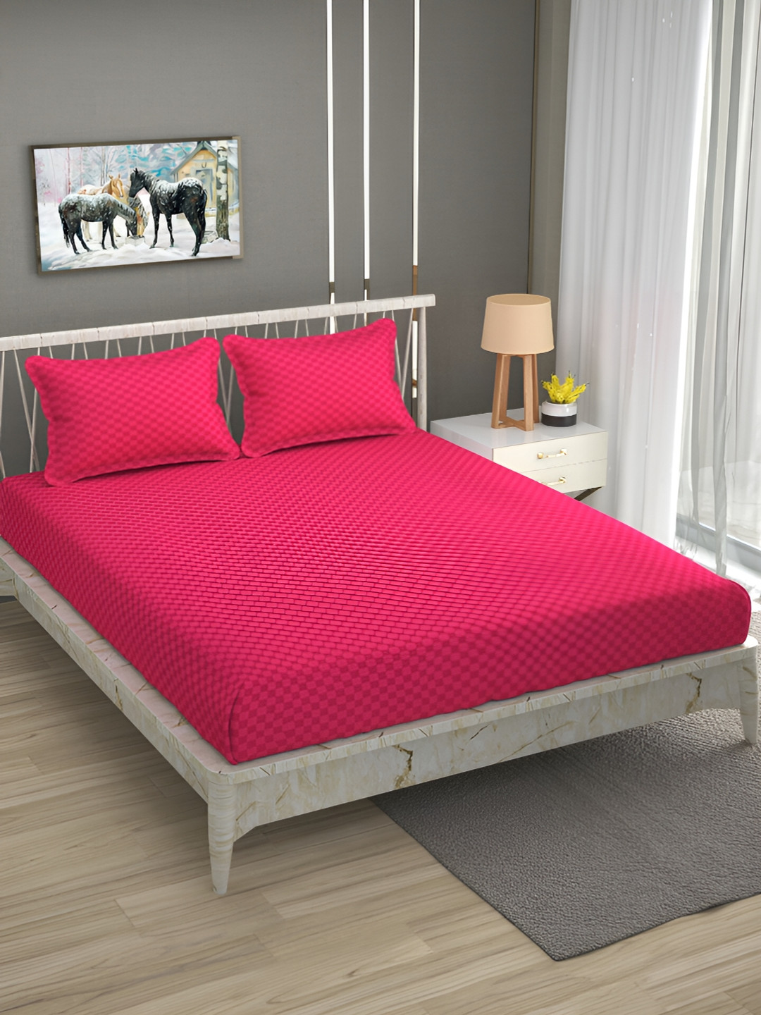 Bromwick Magenta Checked Cotton 210 TC Queen Superfine Bedsheet with 2 Pillow Covers-90 x 100 inches