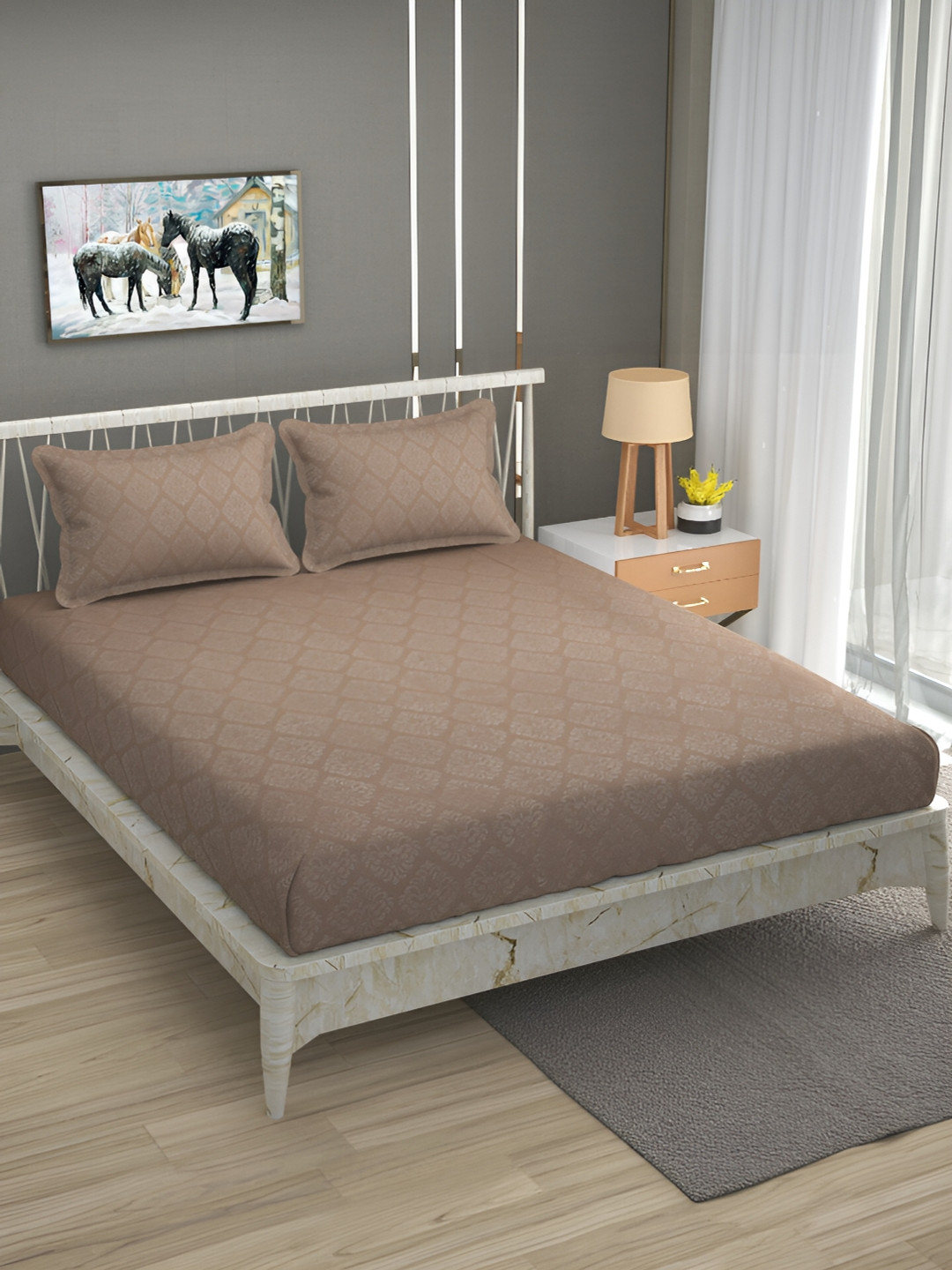 Bromwick Jaipuri Sanganeri Beige Self Design Cotton 210 TC Queen Superfine Bedsheet with 2 Pillow Covers-228 x 254 cm