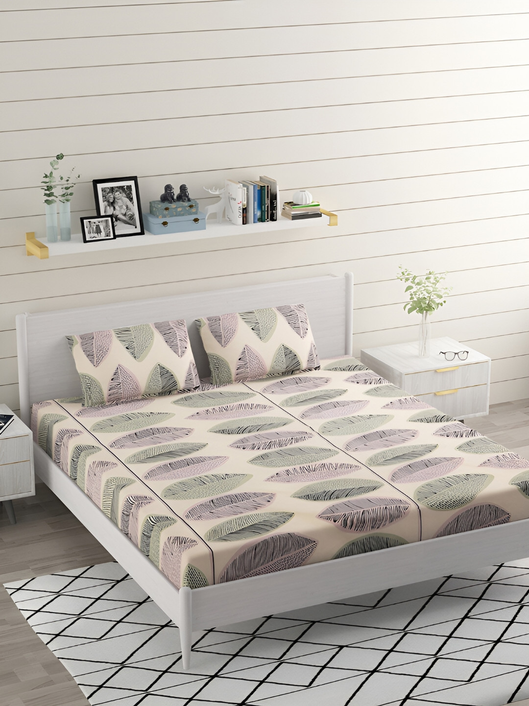 Bromwick Beige Leaf Cotton 210 TC Fitted Queen Fine Bedsheet with 2 Pillow Covers-98 x 39 inches