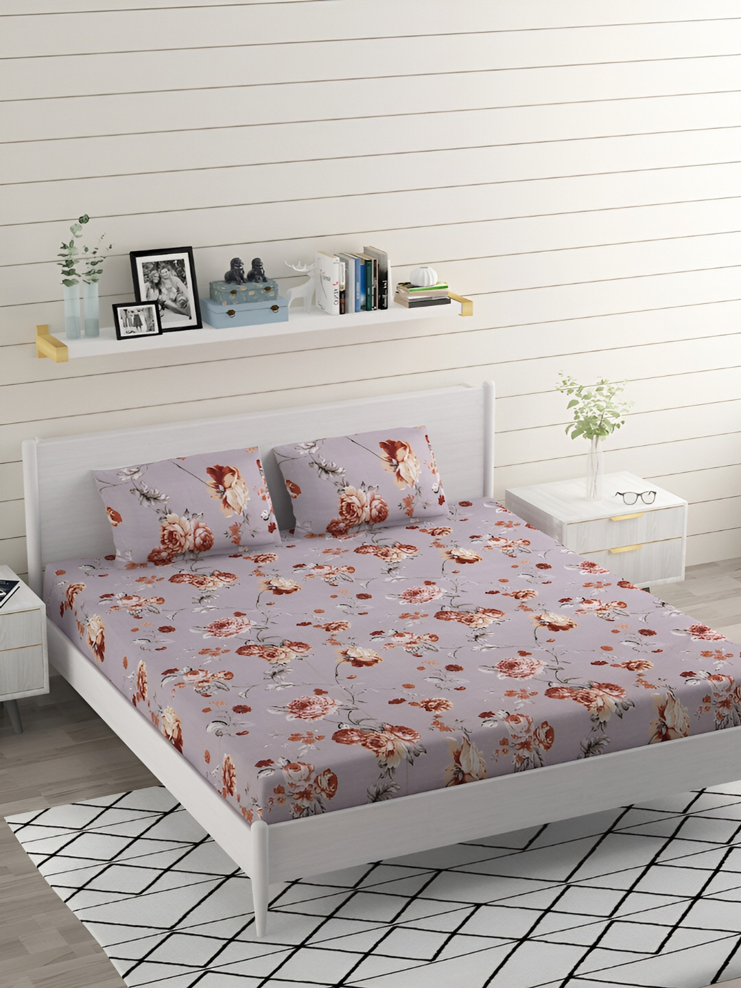 Bromwick Light Grey Floral Cotton 210 TC Queen Bedsheet with 2 Pillow Covers