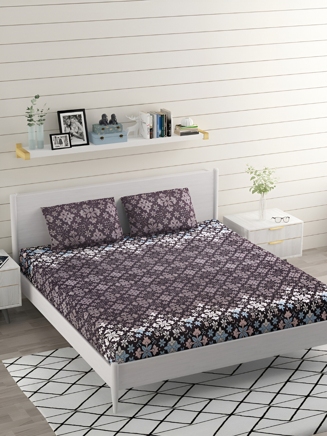 Bromwick Brown Floral Cotton 210 TC Queen Bedsheet with 2 Pillow Covers