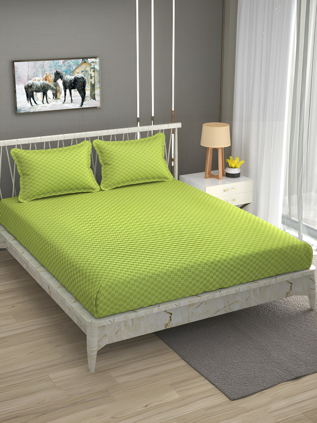 Bromwick Green Checked Cotton 210 TC Queen Superfine Bedsheet with 2 Pillow Covers-90 x 100 inches