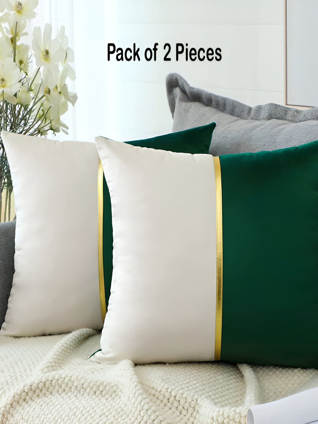 Vinayaka Fab Green 2 Pieces Striped Velvet Square Cushion Covers
