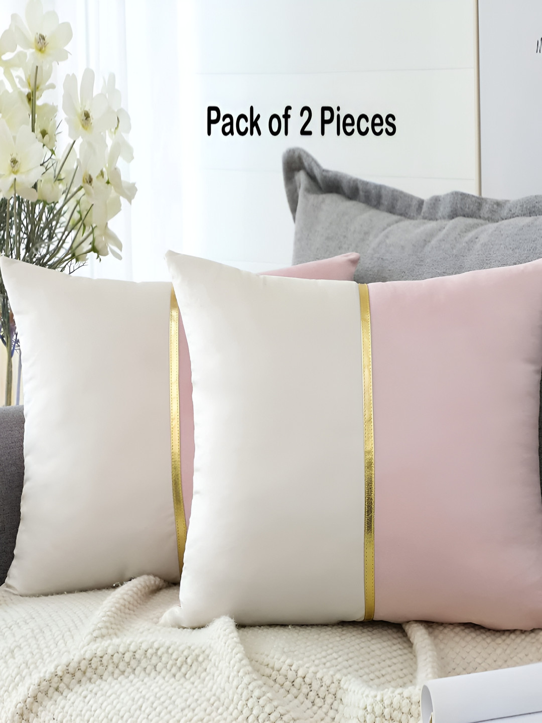 Vinayaka Fab Pink Colourblocked Velvet Durable 2 Piece Square Cushion Covers -16x16In
