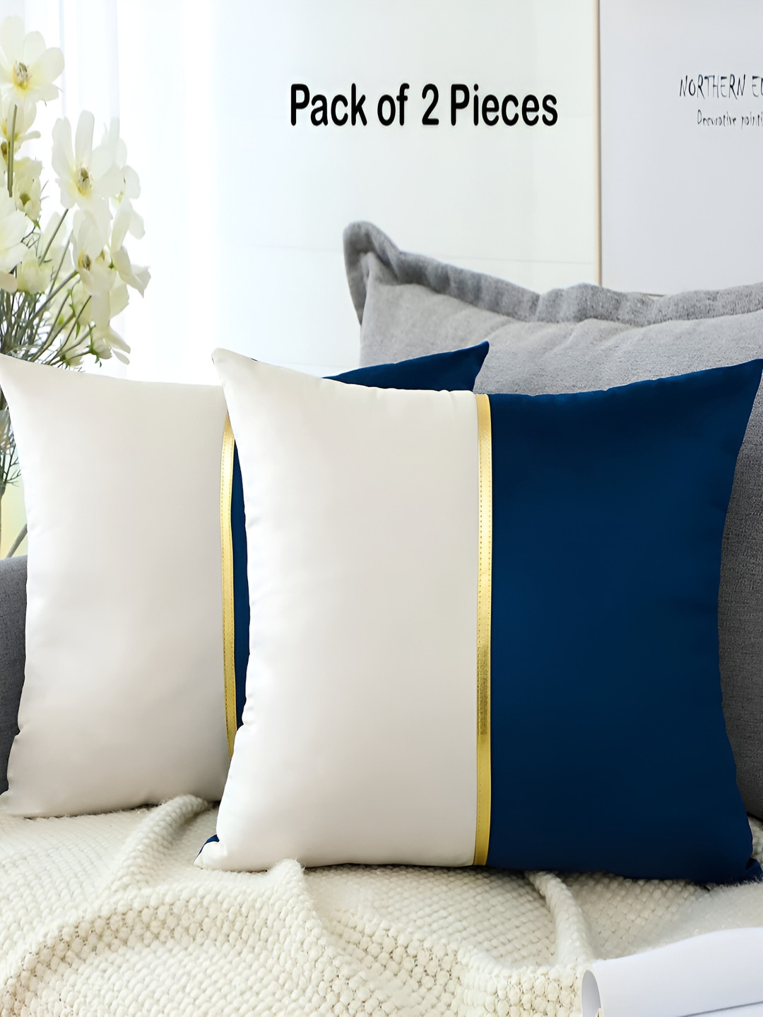 Vinayaka Fab Blue Colourblocked Velvet Durable 2 Pcs Cushion Covers - 17.7 x 17.7 Inches