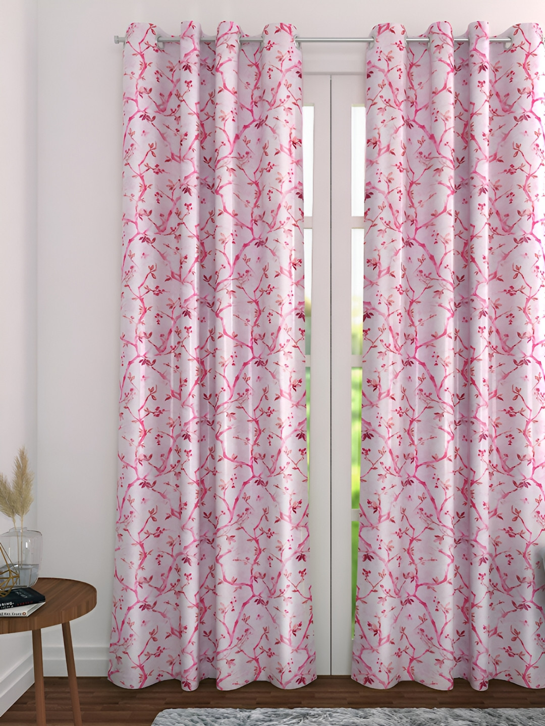 THE CONVERSION White & Pink Floral Long Door Curtain