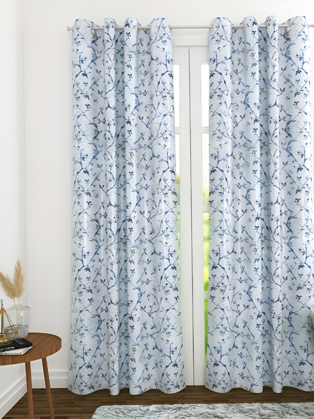 THE CONVERSION Blue Floral Printed Heavy Netting Door Curtain