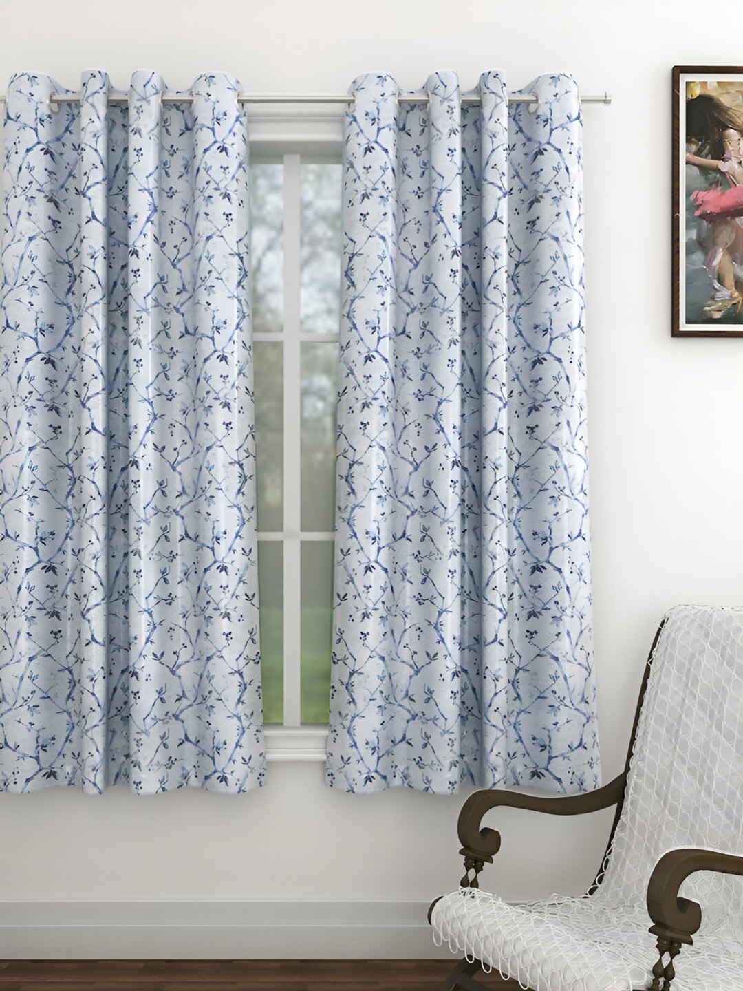 THE CONVERSION Blue Floral Printed Heavy Netting Window Curtain
