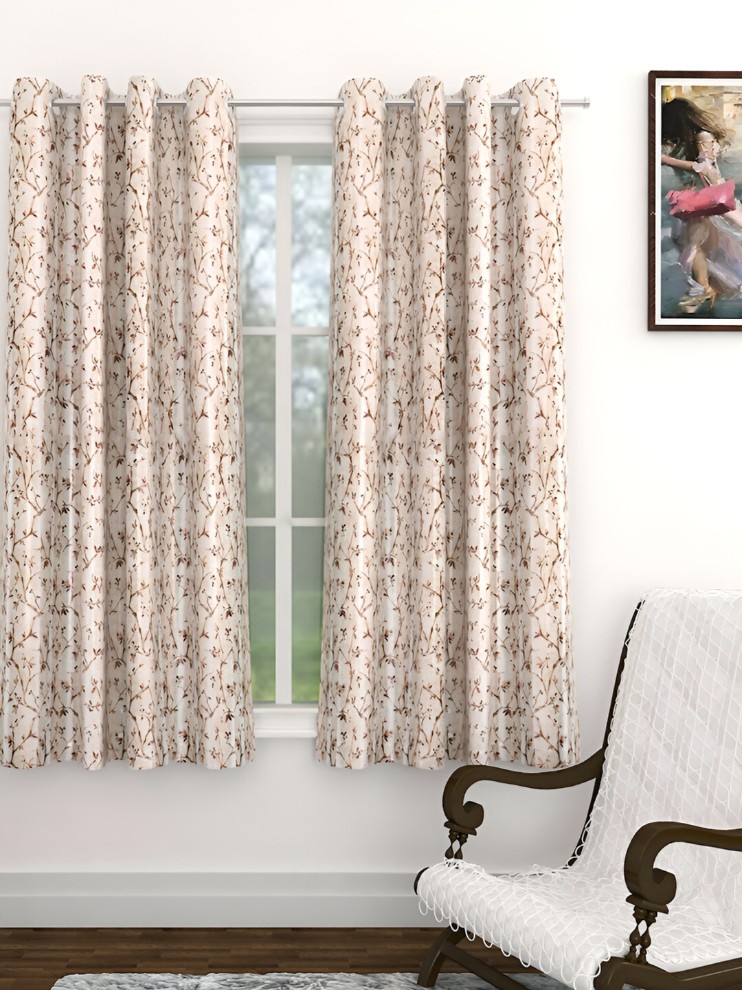 THE CONVERSION Brown Floral Printed Heavy Netting Window Curtain