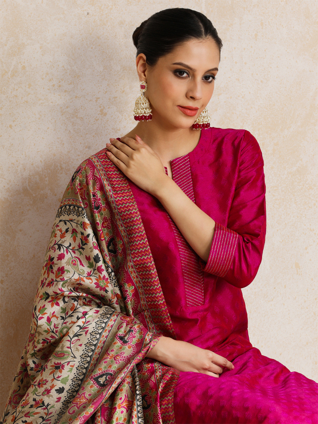 Varanga Women Pink Zari Work textured Kurta with Trouser and Printed Dupatta