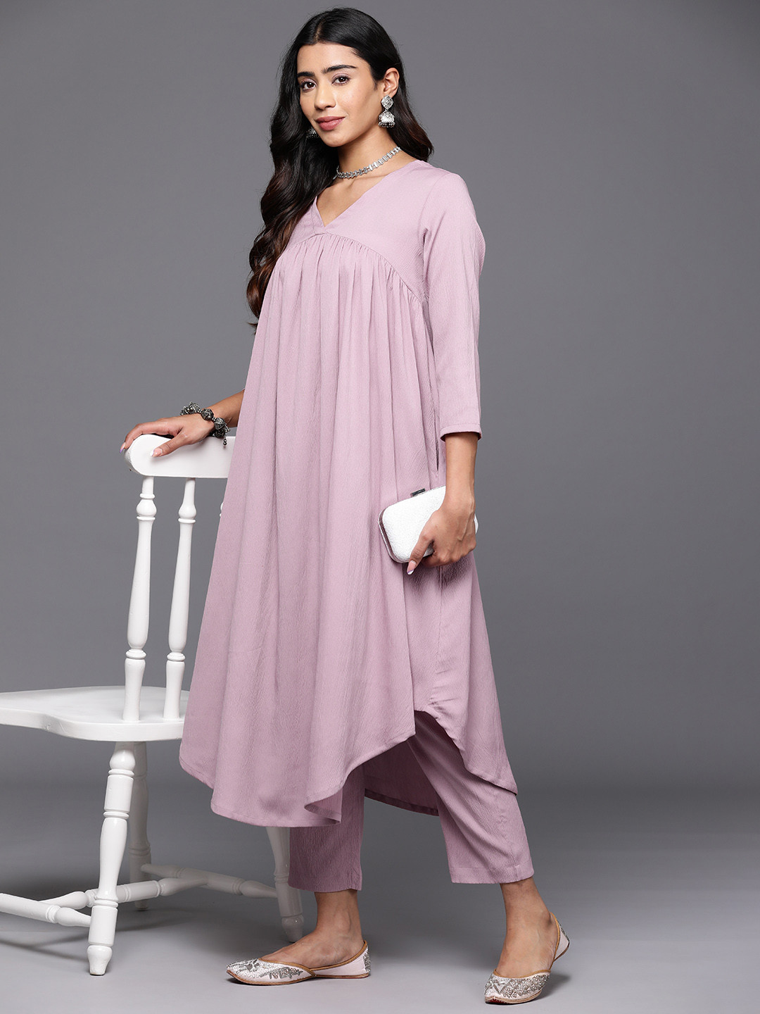 Varanga Women Solid V Neck Gathered Empire Kurta with Solid Trousers