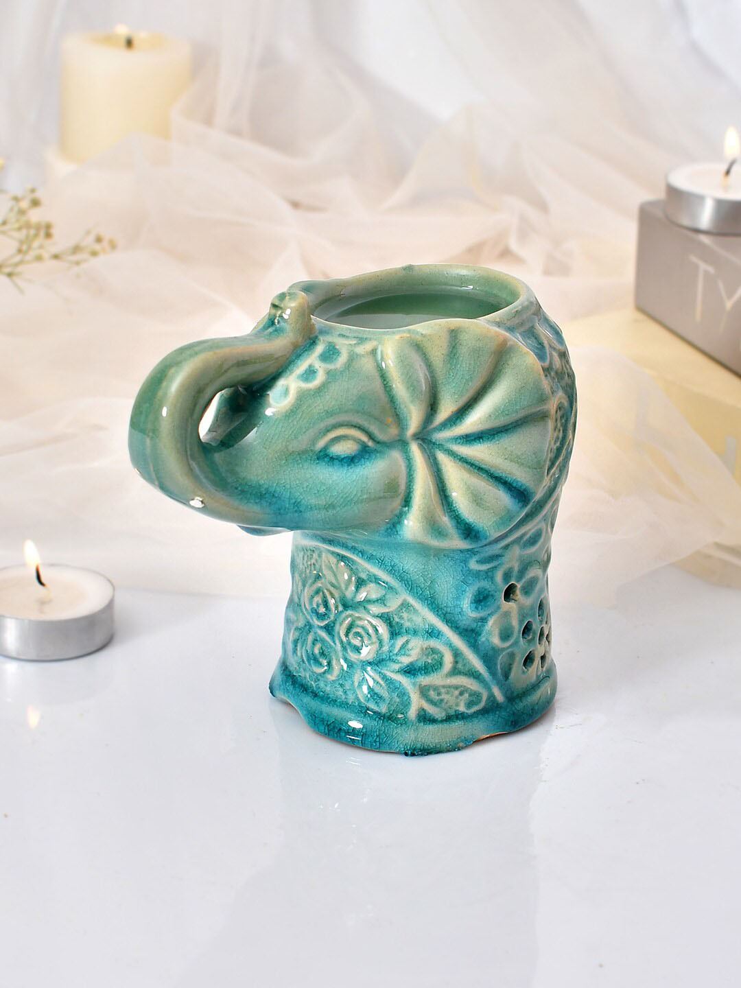 TAYHAA Turquoise Blue Elephant Shaped Ceramic Aroma Oil Diffuser