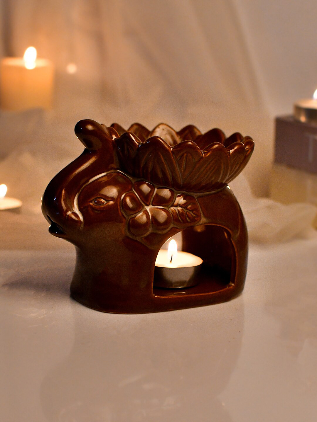 TAYHAA Brown Elephant Flower Cut Shaped Ceramic Aroma Oil Diffuser