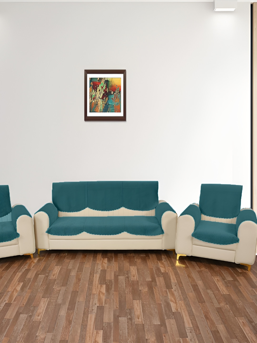 Sparrow world Teal 12 Pieces Solid Velvet 5 Seater Sofa Cover With Arms