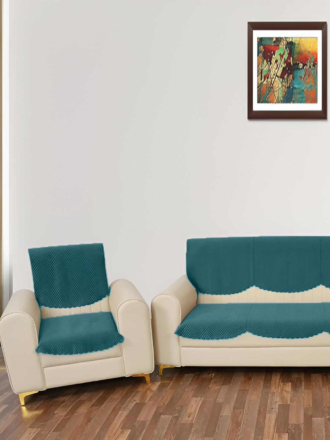 Sparrow world Teal Green 6 Pieces Quilted Velvet 5 Seater Sofa Covers