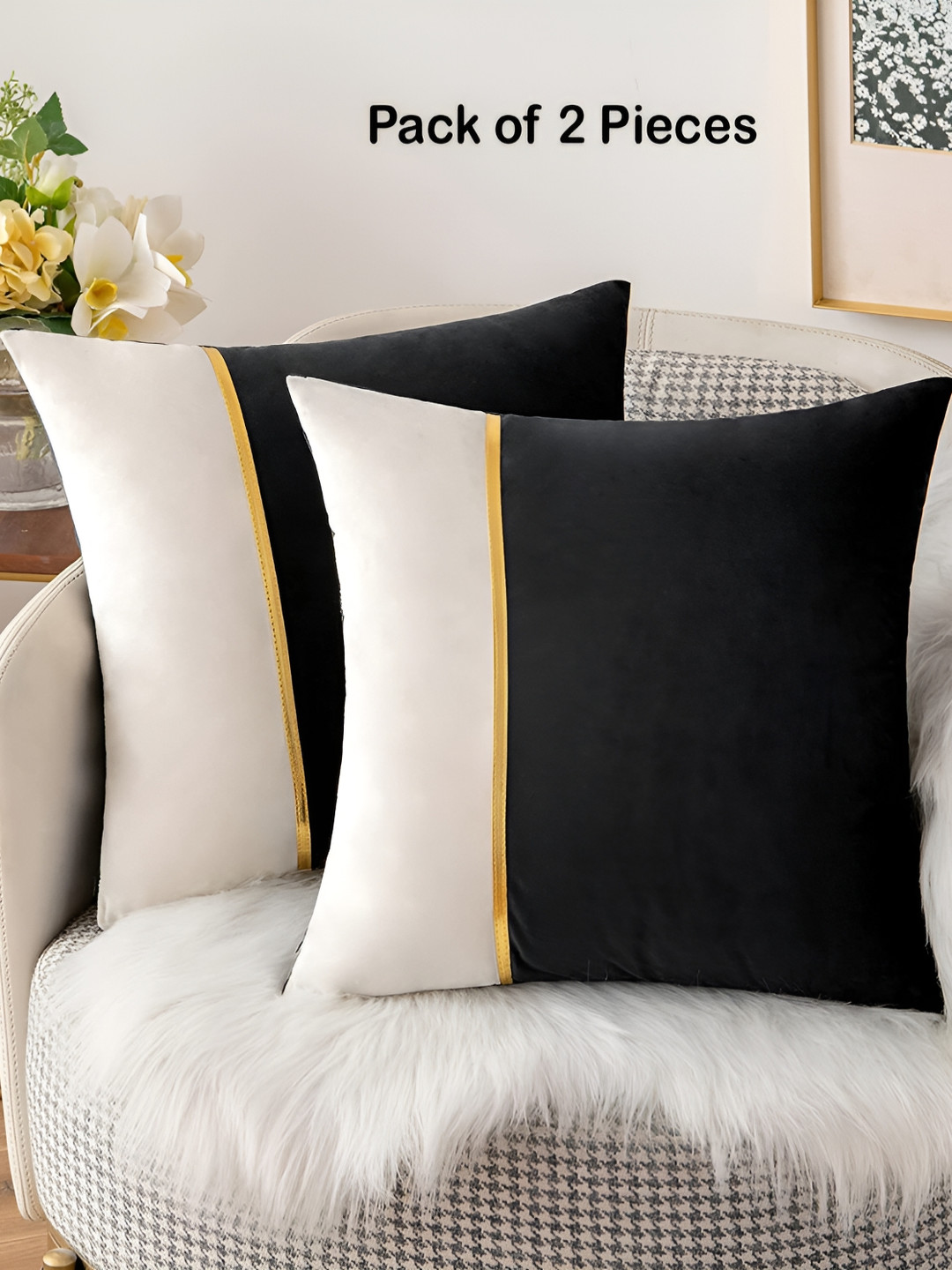 Vinayaka Fab Black 2 Pieces Striped Velvet Square Cushion Covers