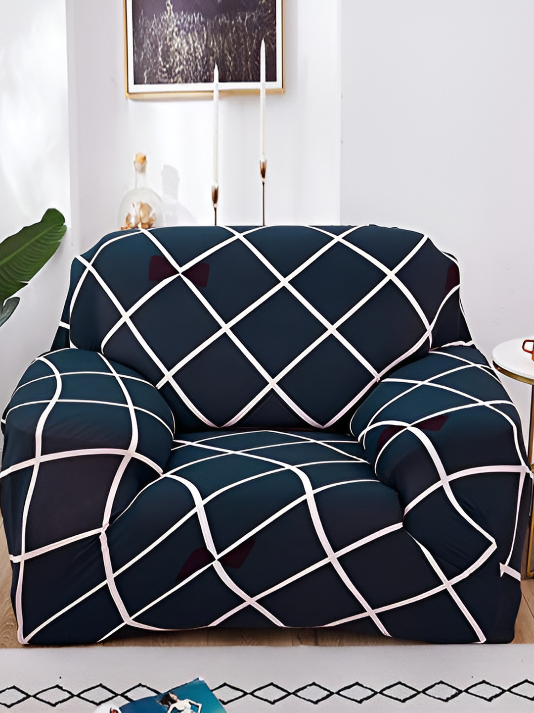 TONY STARK Blue & White Geometric 1 Seater Sofa Cover With Arms